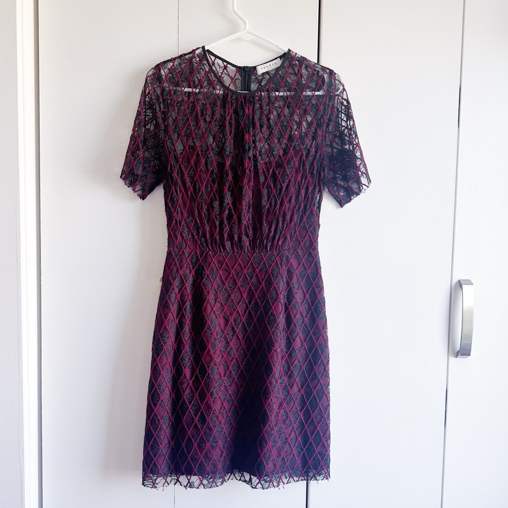 Sandro Burgundy and Black Lace Mini Dress